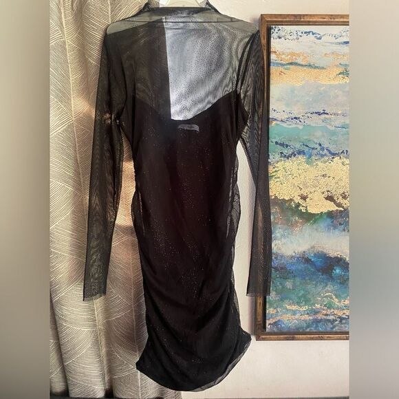 MNG By MANGO Dress Womens Size 6 Black Long Sleeve small Glitters Ruched Lined - Picture 3 of 14